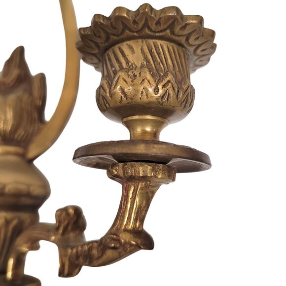 Wall Sconce Pair French Brass Flame and Bow Candle Neo Classical Early Century - Picture 7 of 10